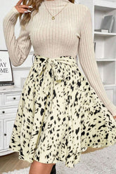 Printed Tie Waist Mock Neck Long Sleeve Dress OutfitFlow